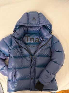 Aritzia TNA Blue Shiny Hooded Puffer Jacket